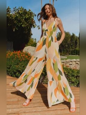 Anthropologie Hutch Zora Jumpsuit Retro Geo Leaf Size 8
